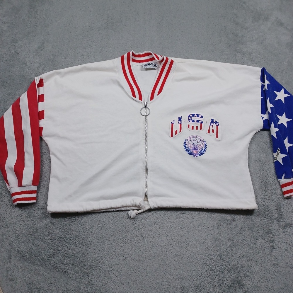 Vintage Jacket Womens XL White USA Flag Zip Cropped‎ Stars Stripes